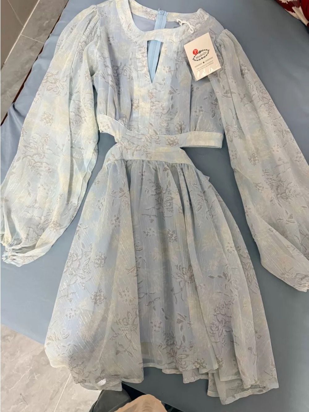 Light Blue Floral Long-Sleeve Chiffon Dress